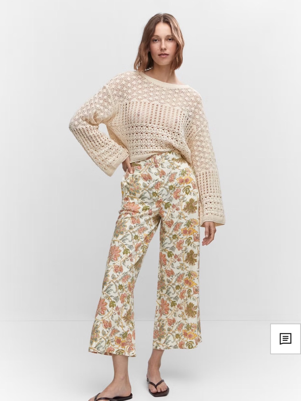Floral Wide-Leg Cropped Pants in Cream linen